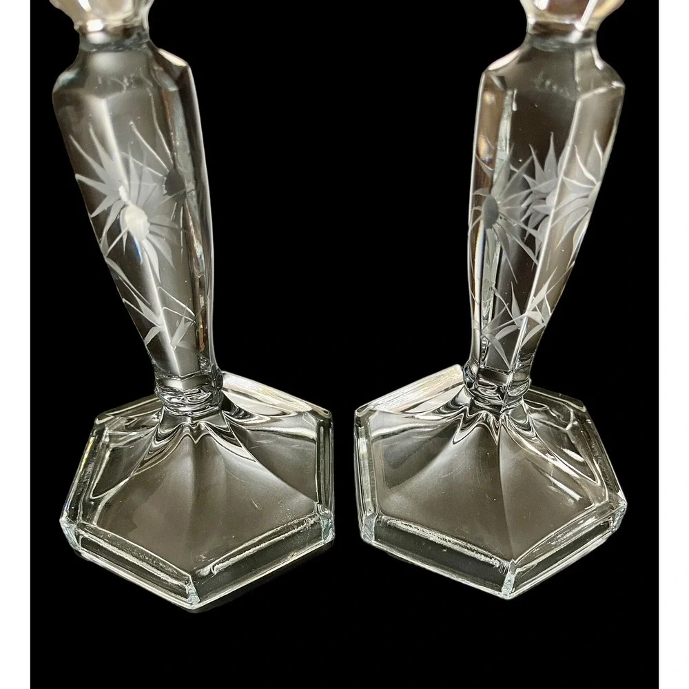 Vintage Pair Of Floral Etched Clear‎ Glass Candlesticks 8-1/2